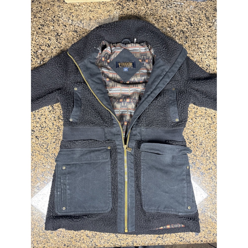 Pendleton Sherpa Fleece Jacket Black Southwestern Lining Canvas Trim Small